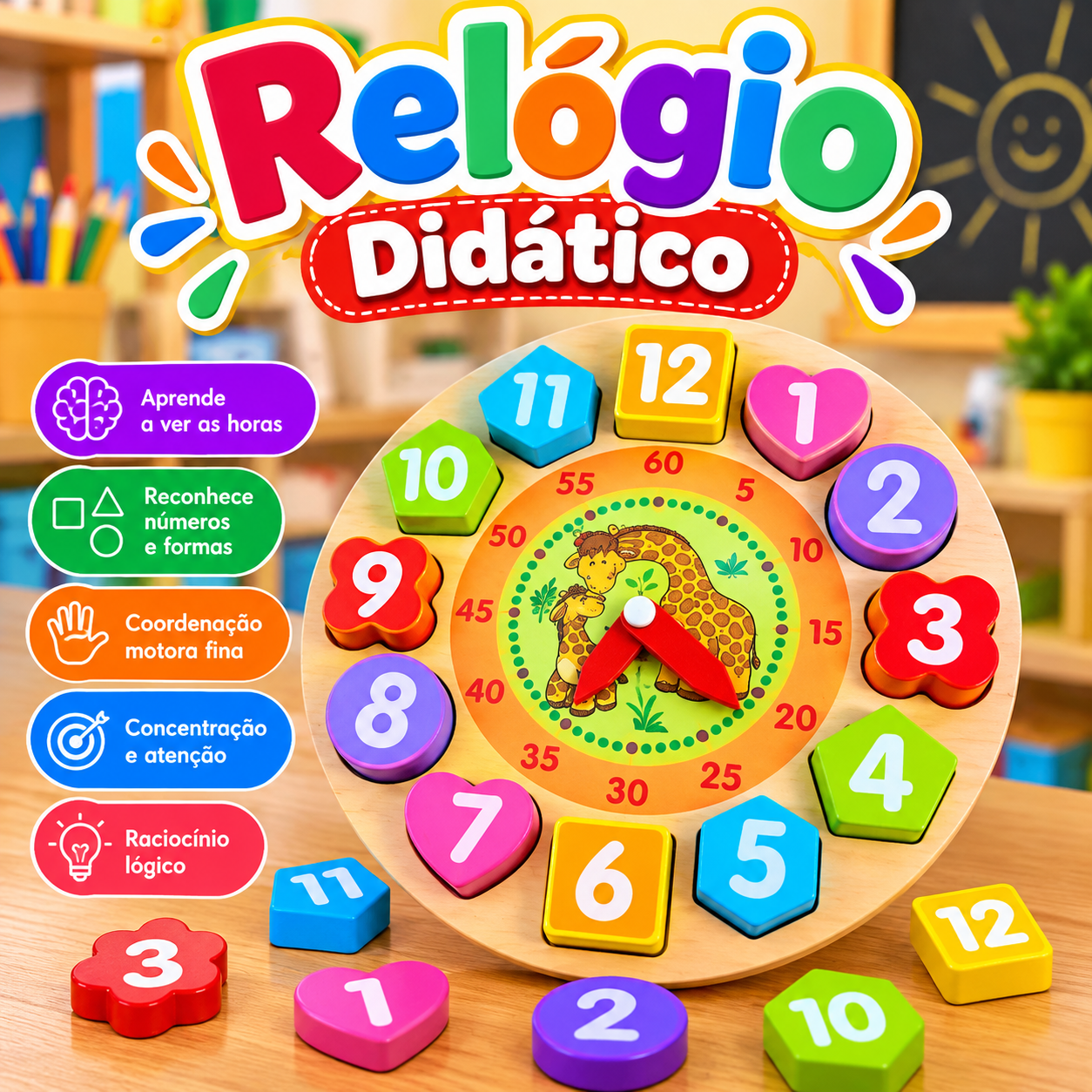 🕐🦒 Relógio Didático – Formas e Números