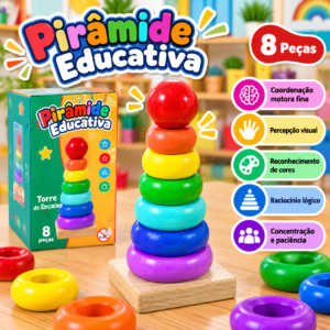 Pirâmide Educativa – 8 Peças Argolas de Encaixe 🌈🧩