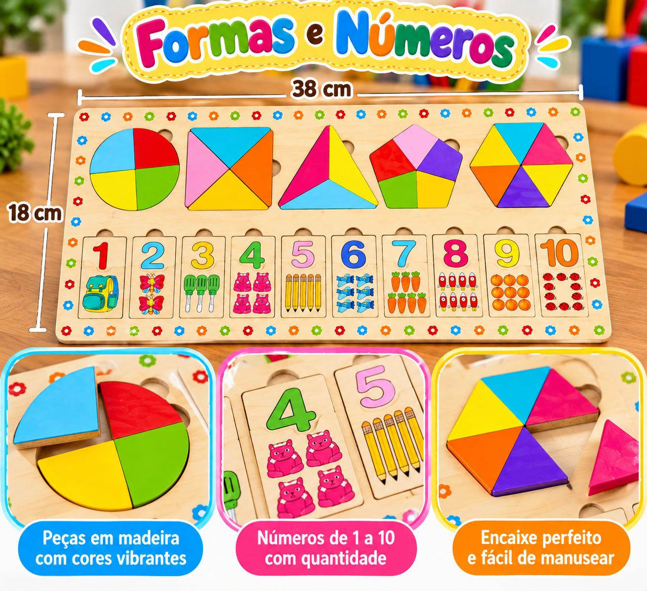 🧩🌈 Tabuleiro Educativo de Madeira – Formas e Números