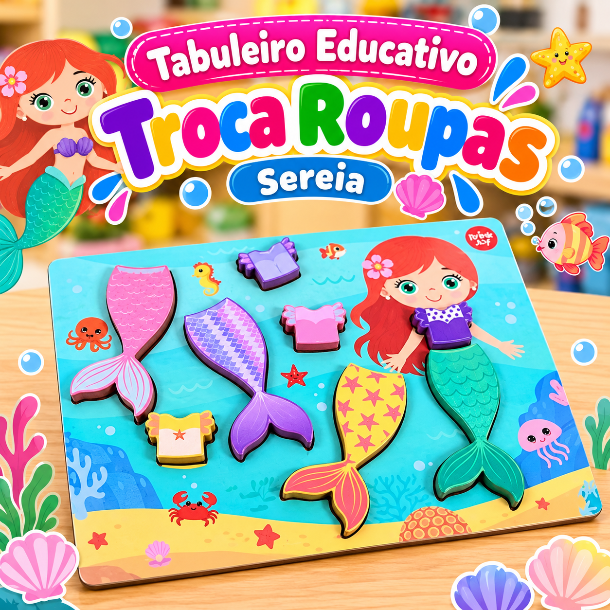 🧜‍♀️🌊 Tabuleiro Educativo Troca-Roupas Infantil – Sereia