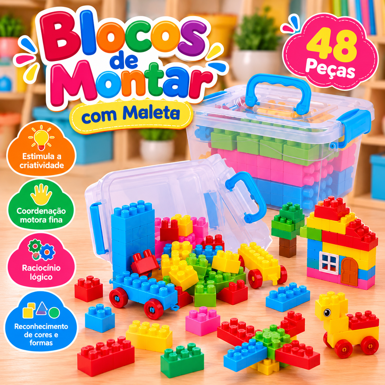 🧩🌈 Blocos de Montar – 48 Peças com Maleta