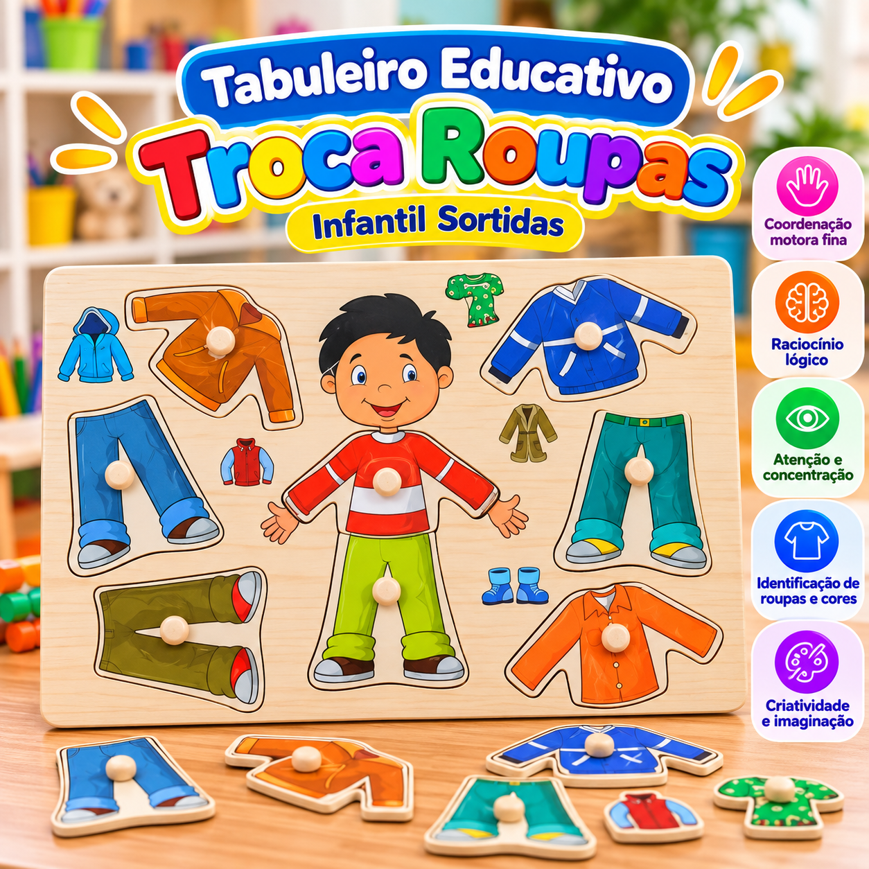 Tabuleiro Educativo Troca-Roupas MENINO 👕👖