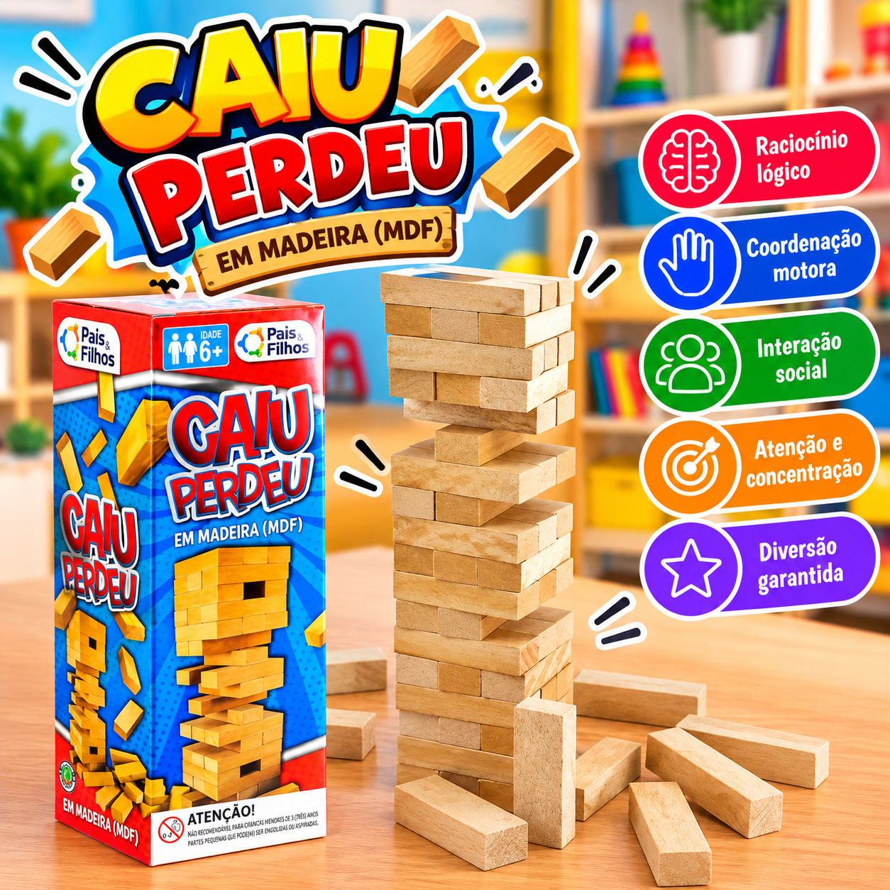 Jogo Caiu Perdeu – 54 Peças de Madeira 🧩🌳